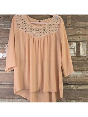 BKE Peach Embroidered Yoke High-Low Blouse